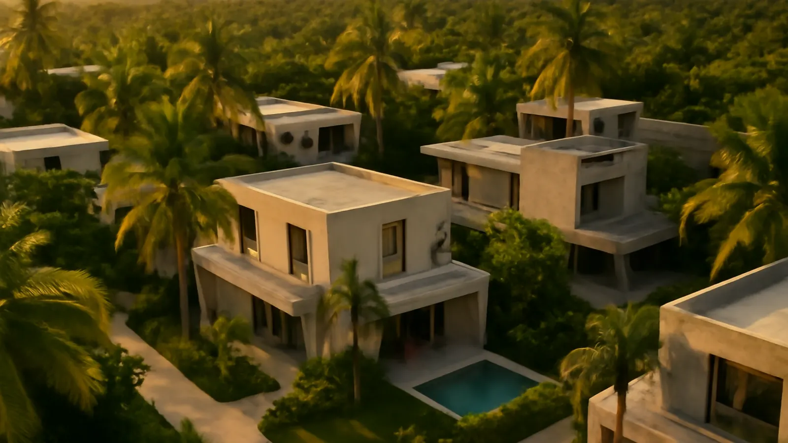 Aerial sunset view of a luxury residential area in Punta Cana with cream travertine architecture and exposed concrete, native vegetation, and warm light