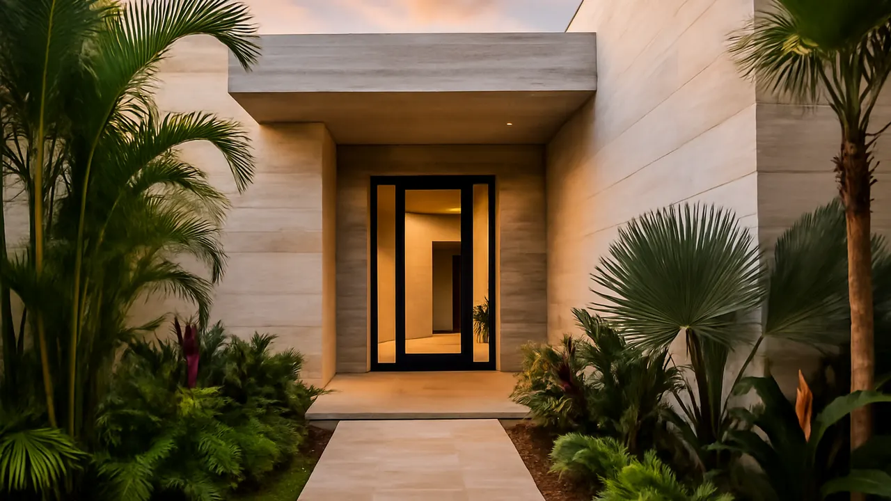 Luxury home entrance in Punta Cana with travertine stone and exposed concrete, surrounded by native tropical vegetation, natural light at sunset