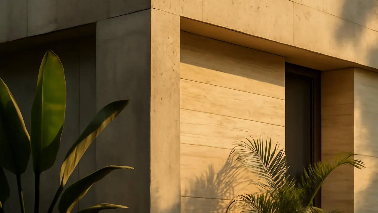 Architectural detail of facade in exposed concrete and cream travertine stone with native vegetation, warm sunset light in Punta Cana