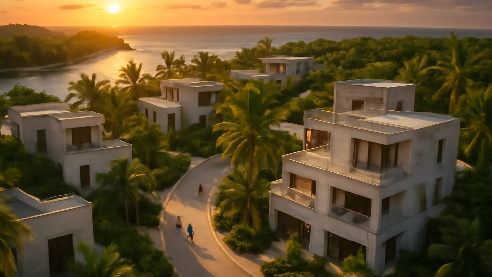 Aerial sunset view of a luxury residential area in Punta Cana with exposed concrete and cream travertine stone architecture, native vegetation, and human scale