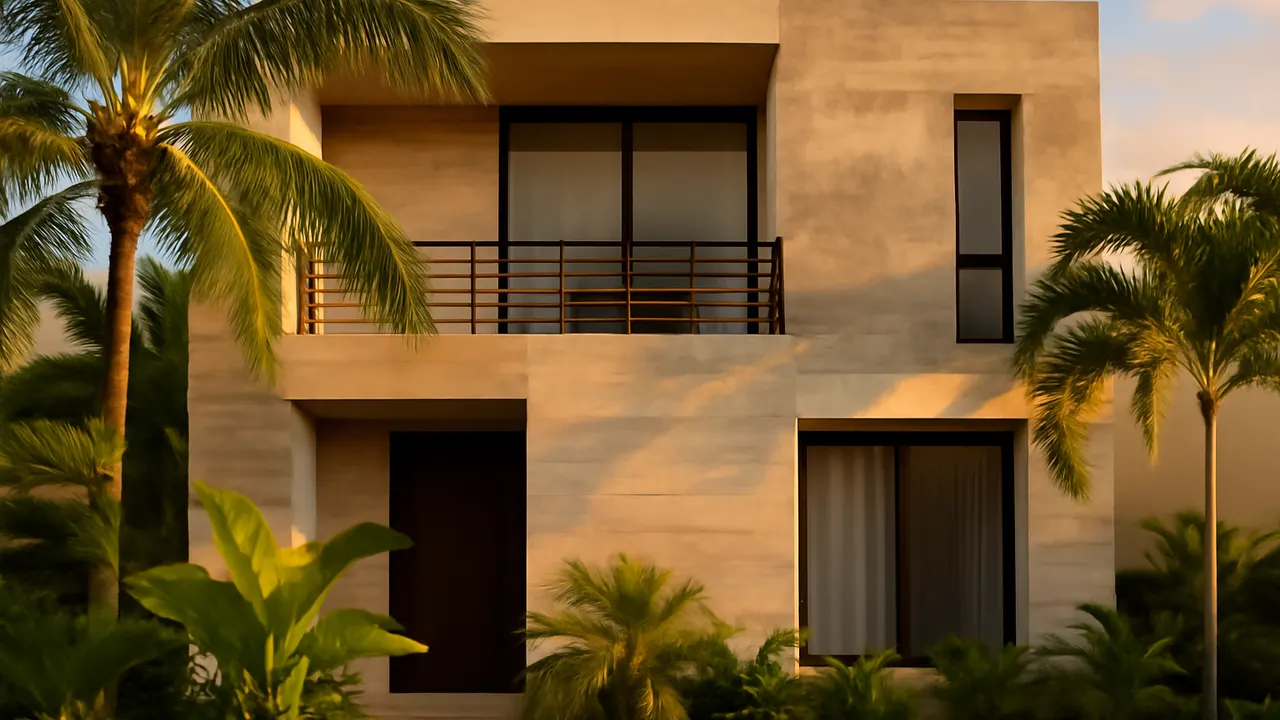 Architectural detail of luxury residential facade in Punta Cana with cream travertine stone and exposed concrete, native tropical vegetation, and warm sunset light