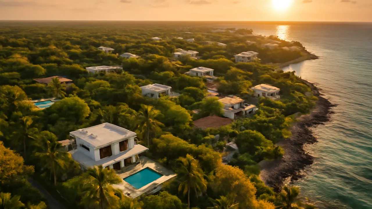 Aerial shot of coastal area in Punta Cana showing integration of luxury residences with native tropical vegetation under warm sunset light