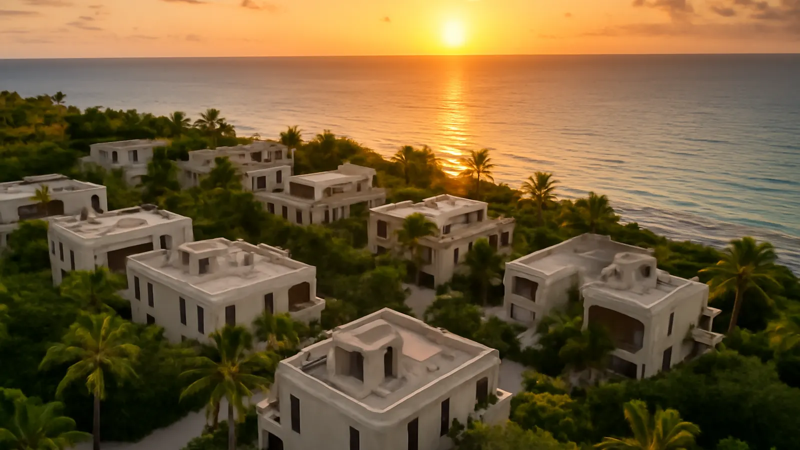 Photorealistic aerial view of a luxury residential area in the Caribbean in Punta Cana at sunset, featuring cream travertine buildings and exposed concrete, native vegetation, and human-scale architecture