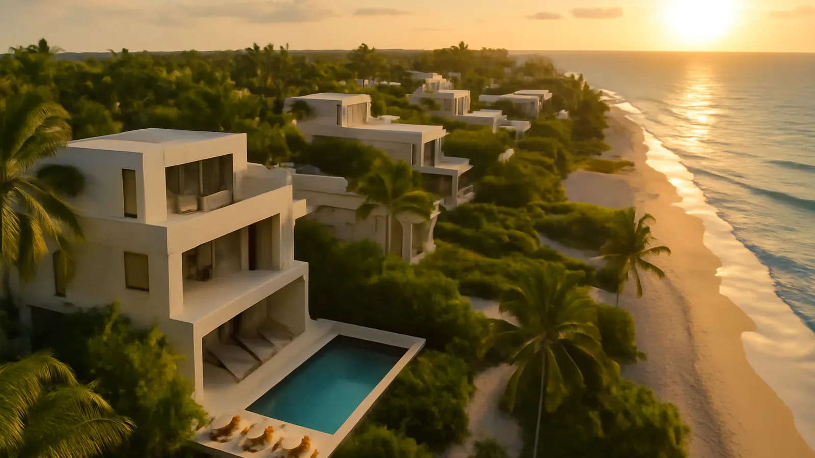 Aerial sunset view of luxury real estate properties in Punta Cana with cream travertine architecture and exposed concrete, native vegetation, representing real estate investment in Punta Cana