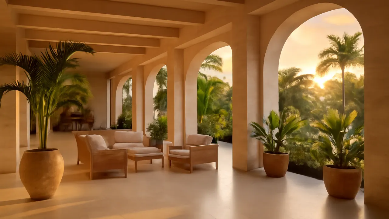 Interior of a luxury hotel in Punta Cana with cream travertine finishes and tropical vegetation, representing the growth and dynamics of tourism in Punta Cana