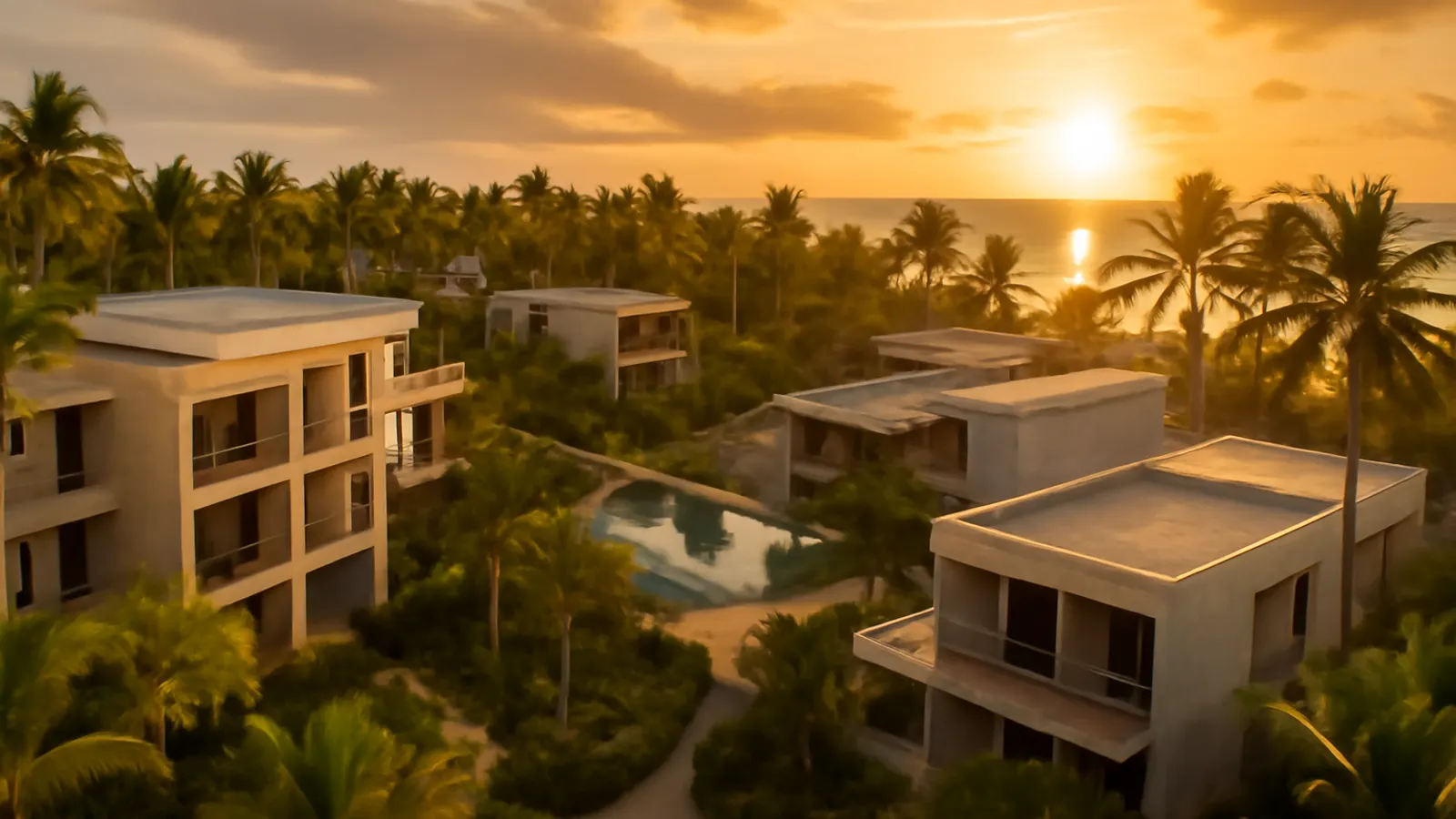 Aerial sunset view of a luxury resort in Punta Cana with cream travertine architecture and exposed concrete, surrounded by native vegetation, reflecting Punta Cana's tourism infrastructure