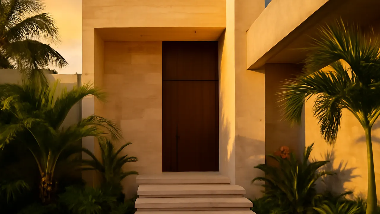 Architectural detail of a luxury residence in Bavaro with cream travertine and exposed concrete, surrounded by native vegetation at sunset