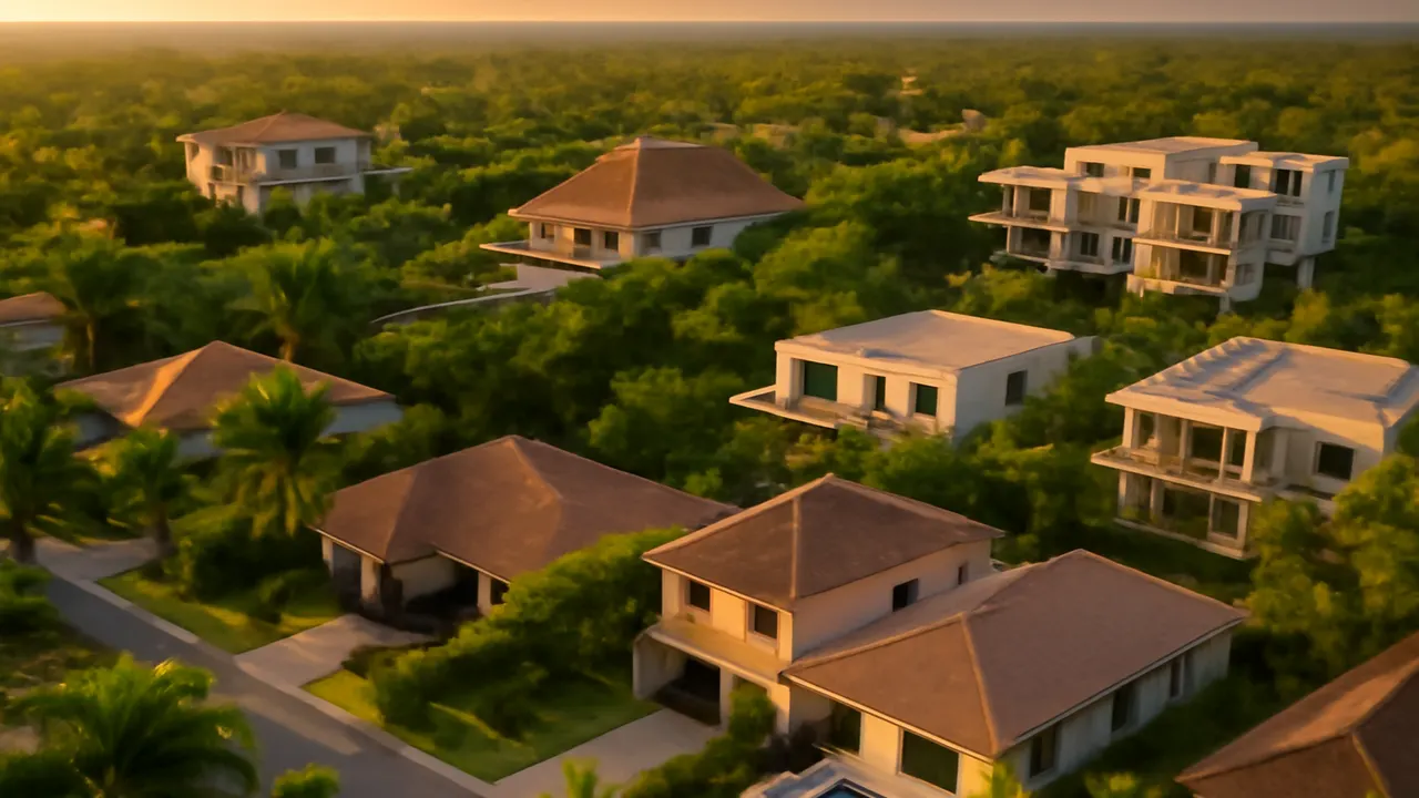 Aerial view of varied residential sectors in a luxury community in Bavaro, with different property types and native vegetation