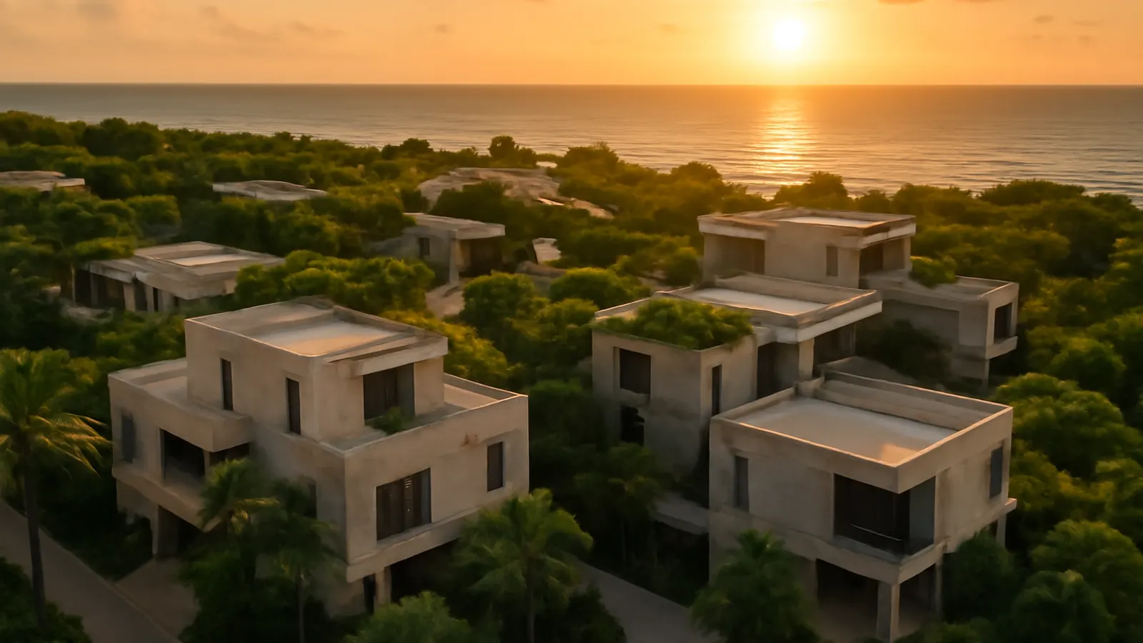 Aerial view of a luxury residential area on the Caribbean coast of Bavaro at sunset, featuring cream travertine architecture and exposed concrete integrated with native vegetation