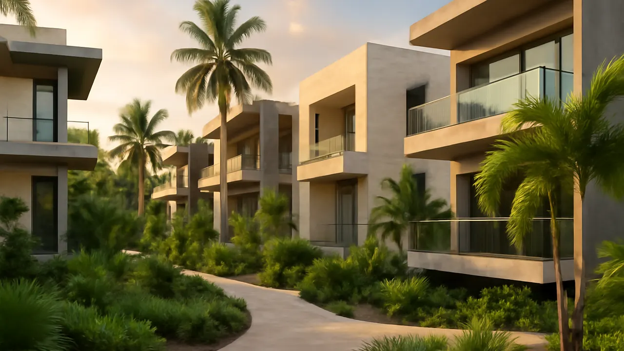 Modern residential complex in Bavaro with cream travertine and exposed concrete facades, native vegetation, and sunset light