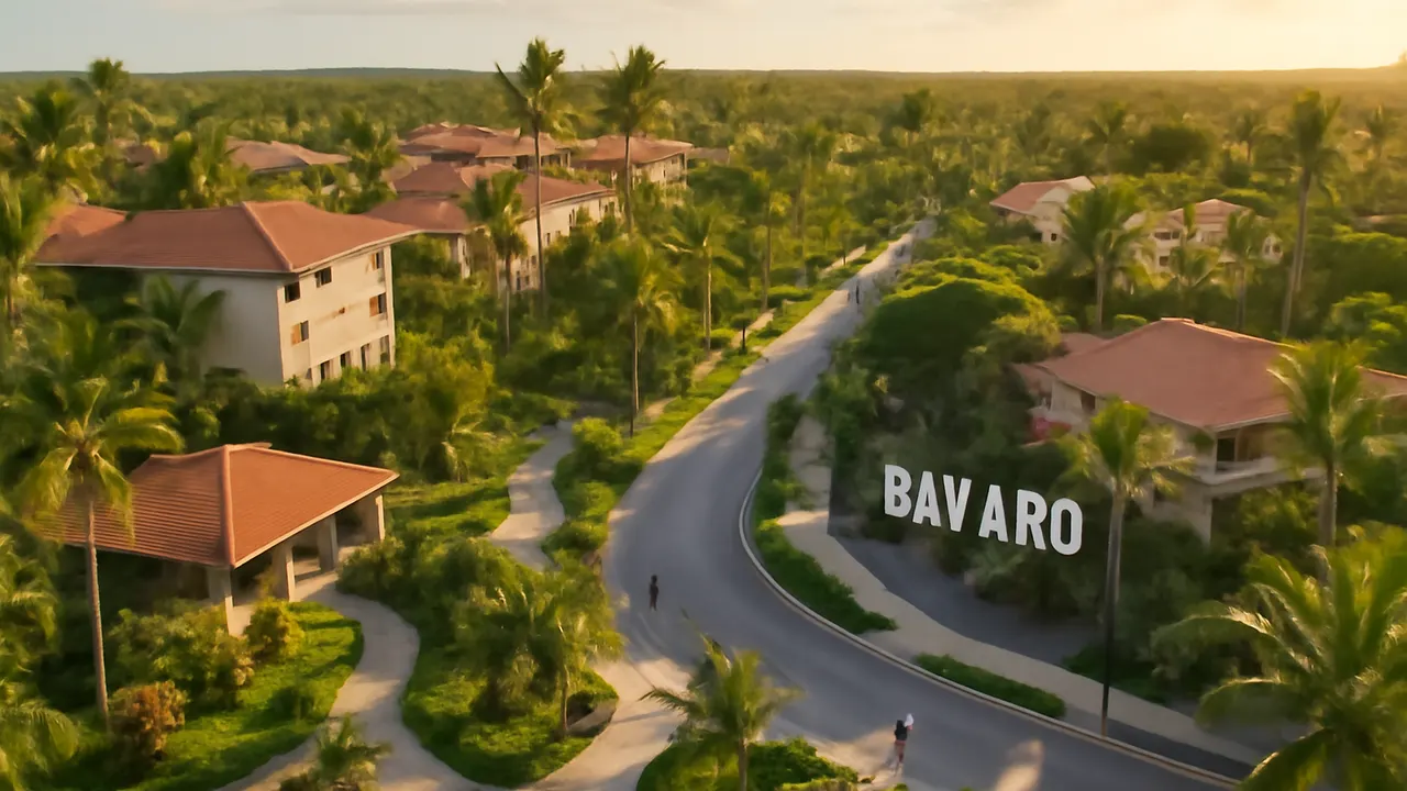 Aerial view of the hotel zone in Bavaro with tropical gardens and native vegetation, human-scale architecture, and warm afternoon light