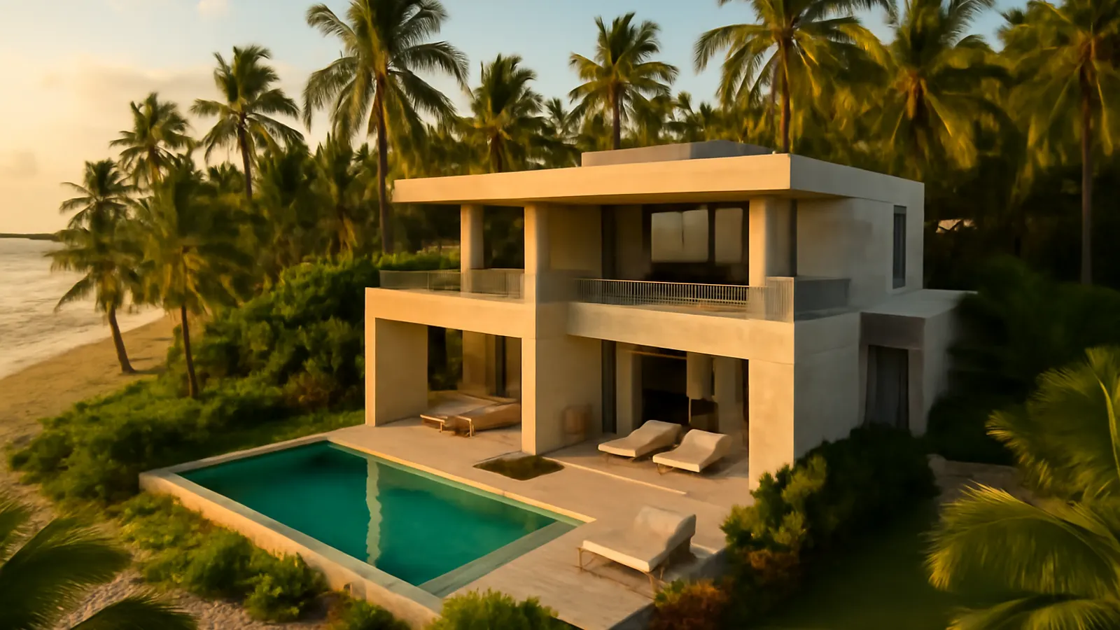 Aerial view of a luxury beachfront property in Bavaro, featuring cream travertine and exposed concrete architecture, native vegetation, and warm sunset light