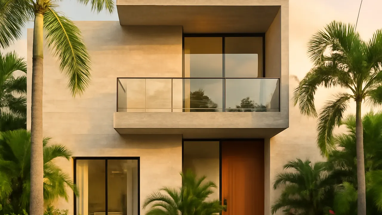 Architectural detail of luxury residence in the Caribbean with cream travertine and exposed concrete, native vegetation, and soft sunset light