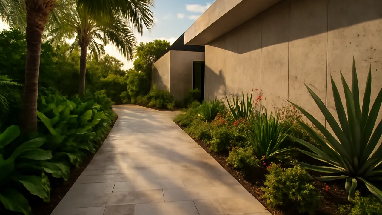 Landscaped path in luxury Caribbean property with native vegetation, travertine pavement, and exposed concrete walls with warm afternoon light