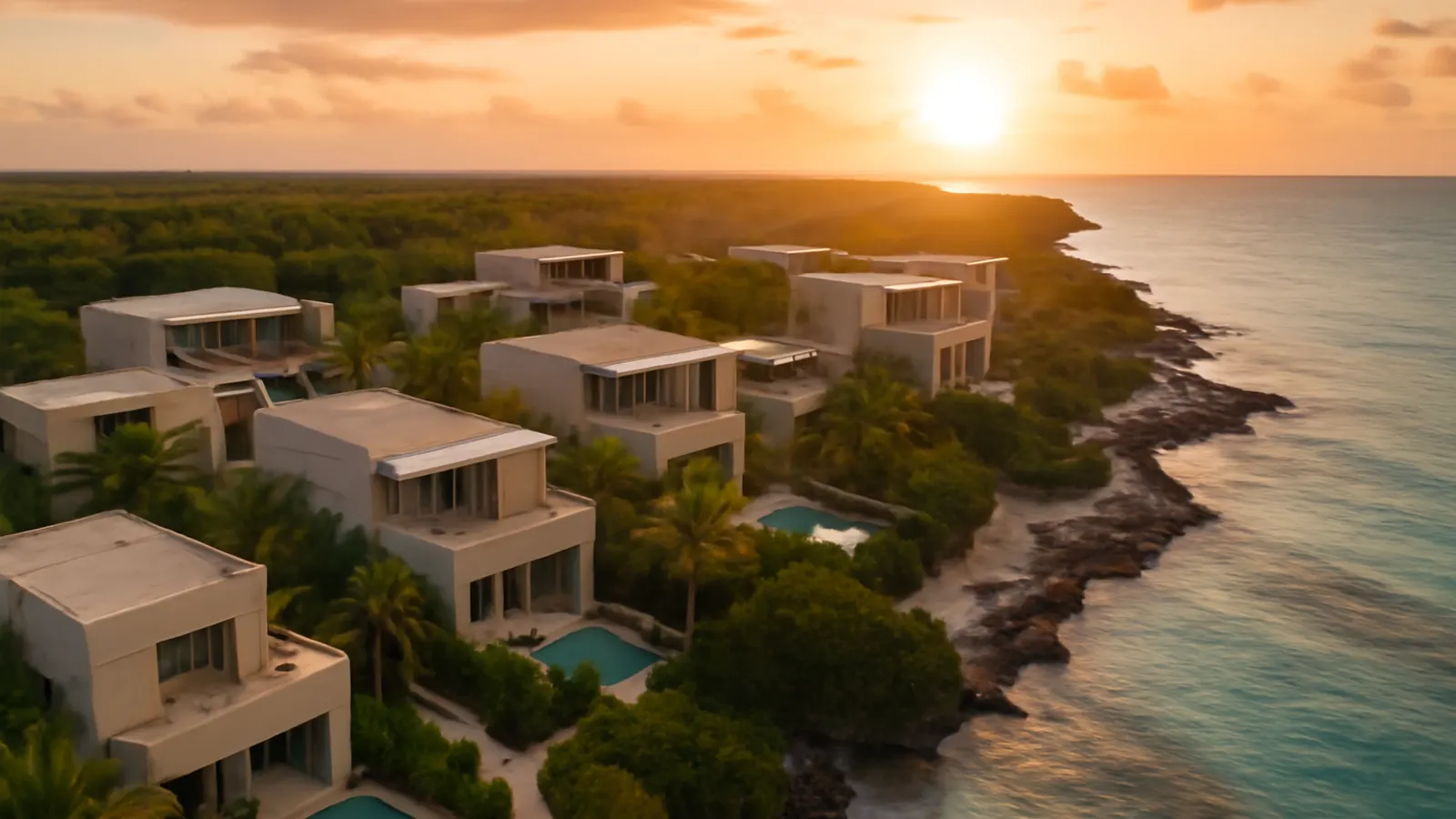 Aerial view of luxury real estate development in the Caribbean with cream travertine architecture and exposed concrete, native vegetation, and warm sunset light