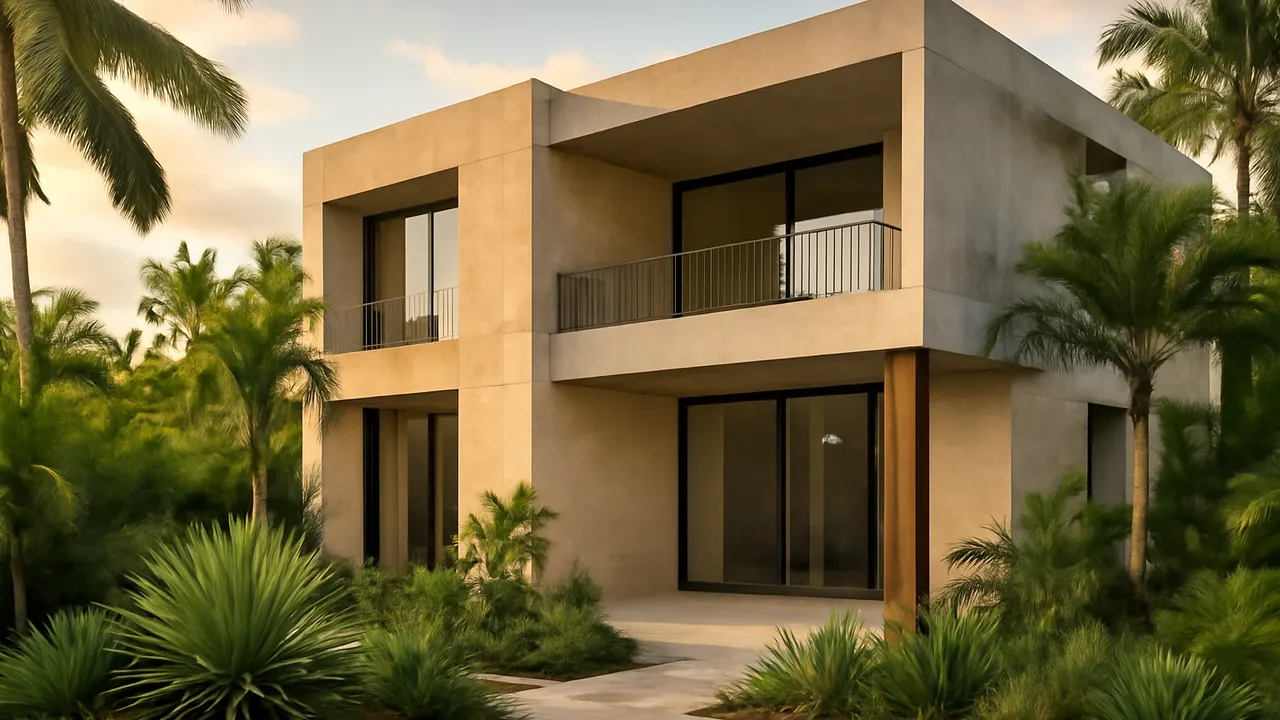 Architectural photograph of a luxury home in the Caribbean with cream travertine facades and exposed concrete, native vegetation and sunset light, Caribbean real estate investment