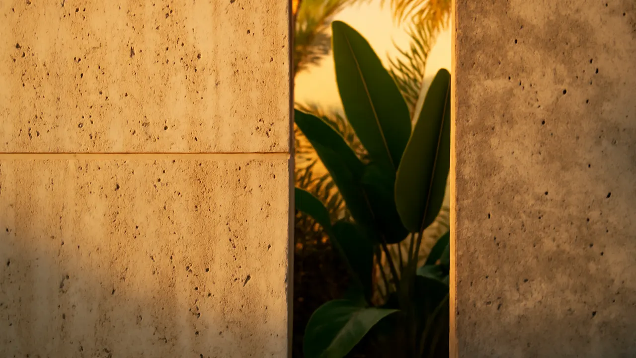 Close-up of natural travertine and exposed concrete textures with tropical vegetation in the background under warm sunset light, Caribbean real estate investment