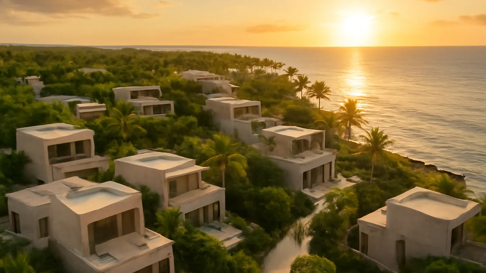 Aerial view of a luxury residential area in the Caribbean at sunset with cream travertine architecture and exposed concrete, native vegetation, and warm light, Caribbean real estate investment