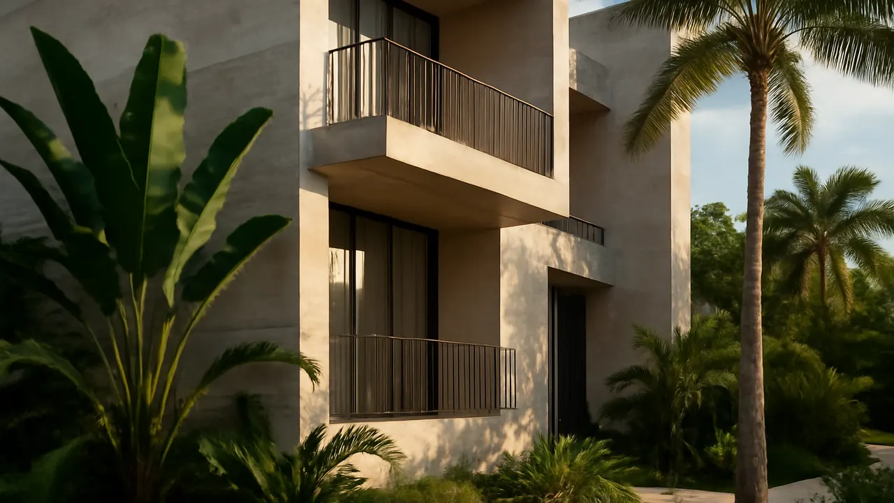 Architectural detail of a luxury Caribbean residential building with cream travertine facades and exposed concrete, native vegetation, warm light, Caribbean real estate market