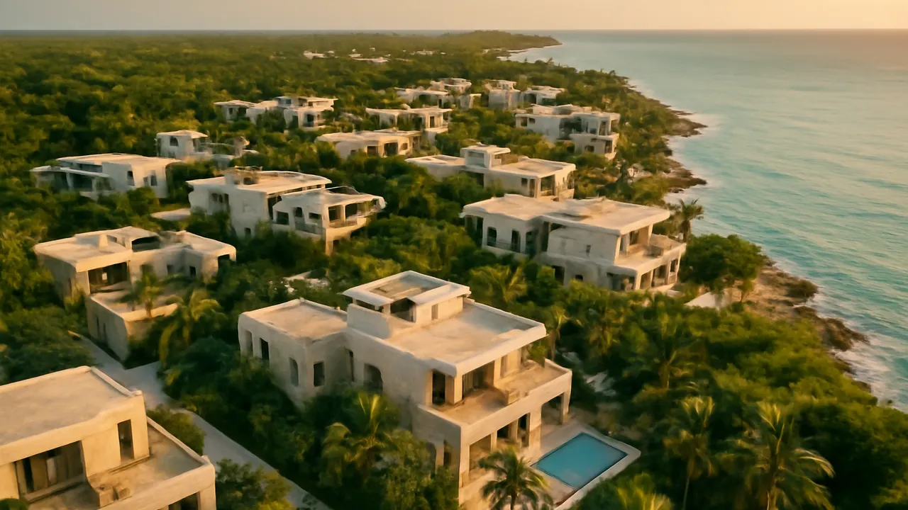 Aerial view of a Caribbean coastal town with luxury real estate in cream travertine and concrete, native vegetation, sunset light, Punta Cana real estate investment 2026