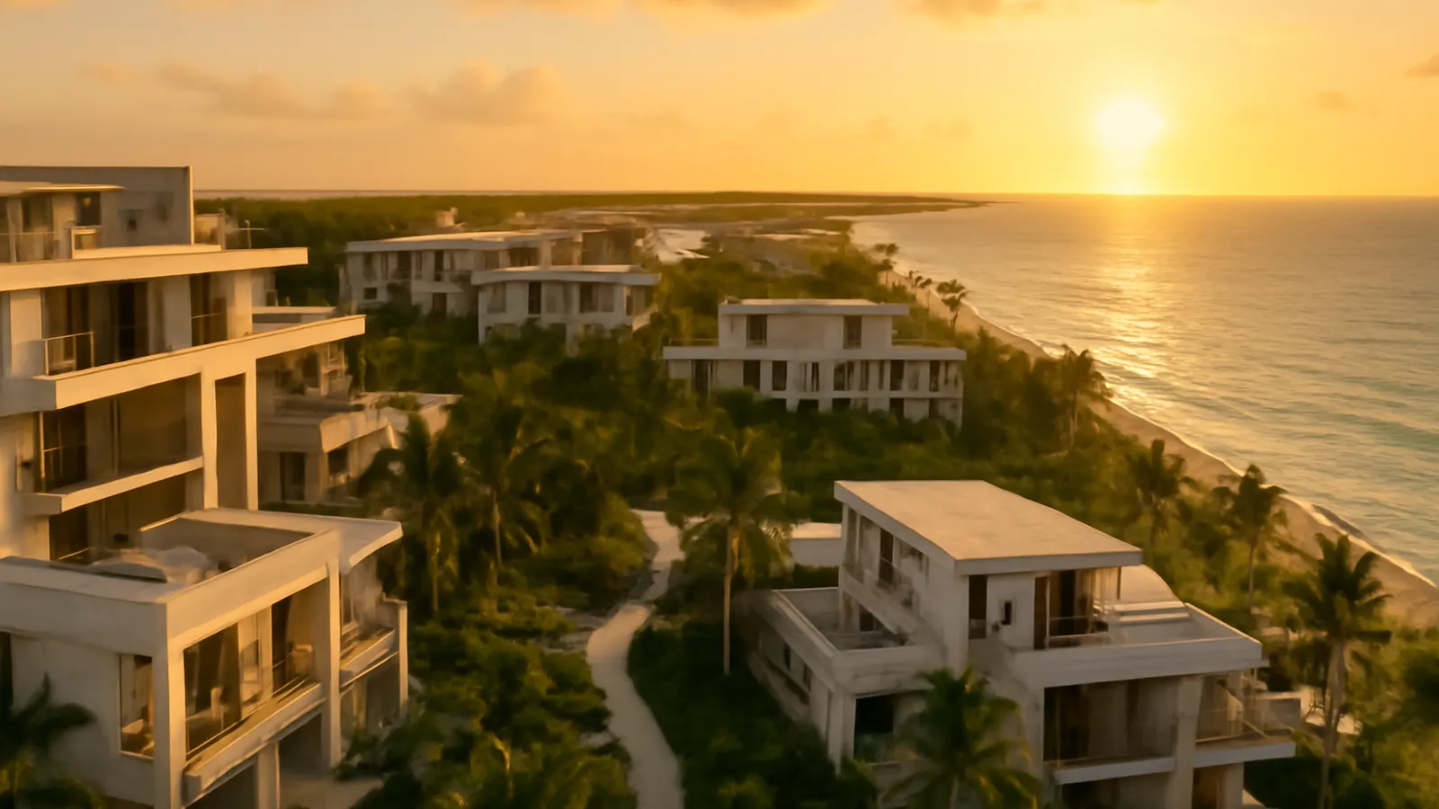 Aerial view of a luxury Caribbean resort at sunset with cream travertine architecture and exposed concrete, native vegetation, and human scale