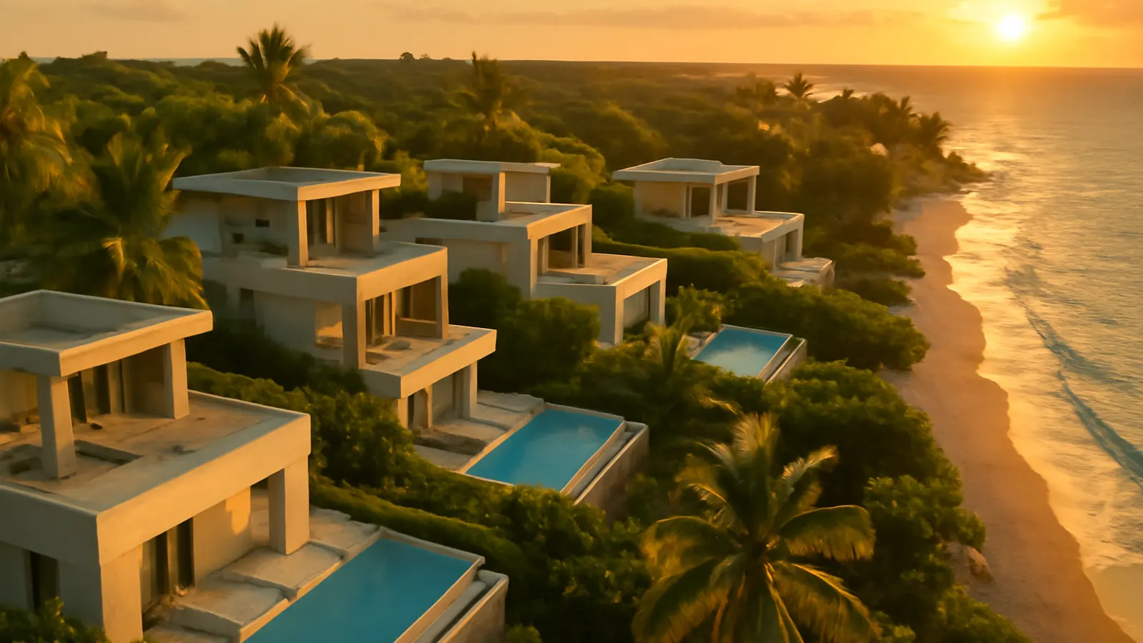 Aerial view of luxury Caribbean real estate on Punta Cana beach at sunset, featuring cream travertine and exposed concrete architecture, surrounded by native vegetation