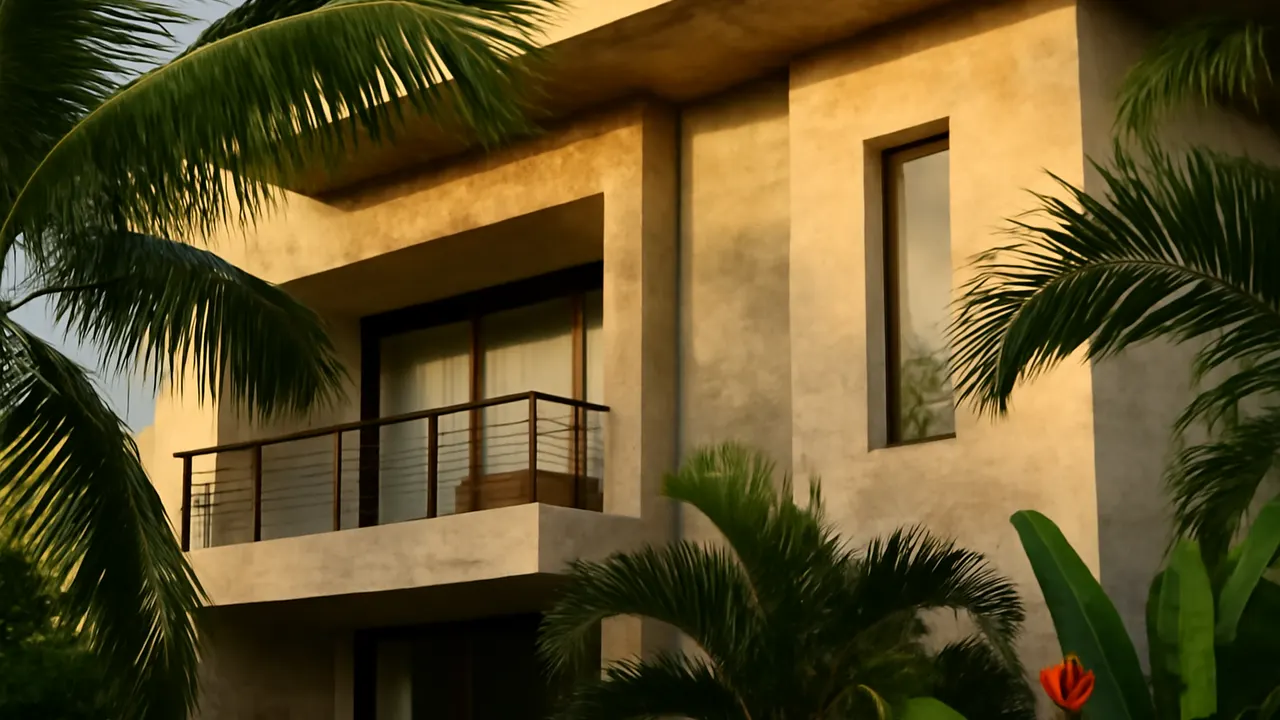 Architectural detail of luxury residential facade in Punta Cana with cream travertine and exposed concrete, native vegetation, and warm sunset light