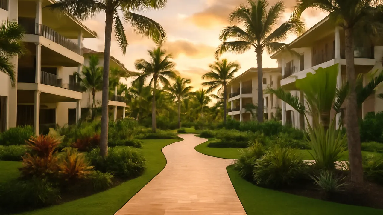 Ground-level view of an interior courtyard in a luxury residential complex in Punta Cana with native vegetation and cream travertine paths under warm sunset light