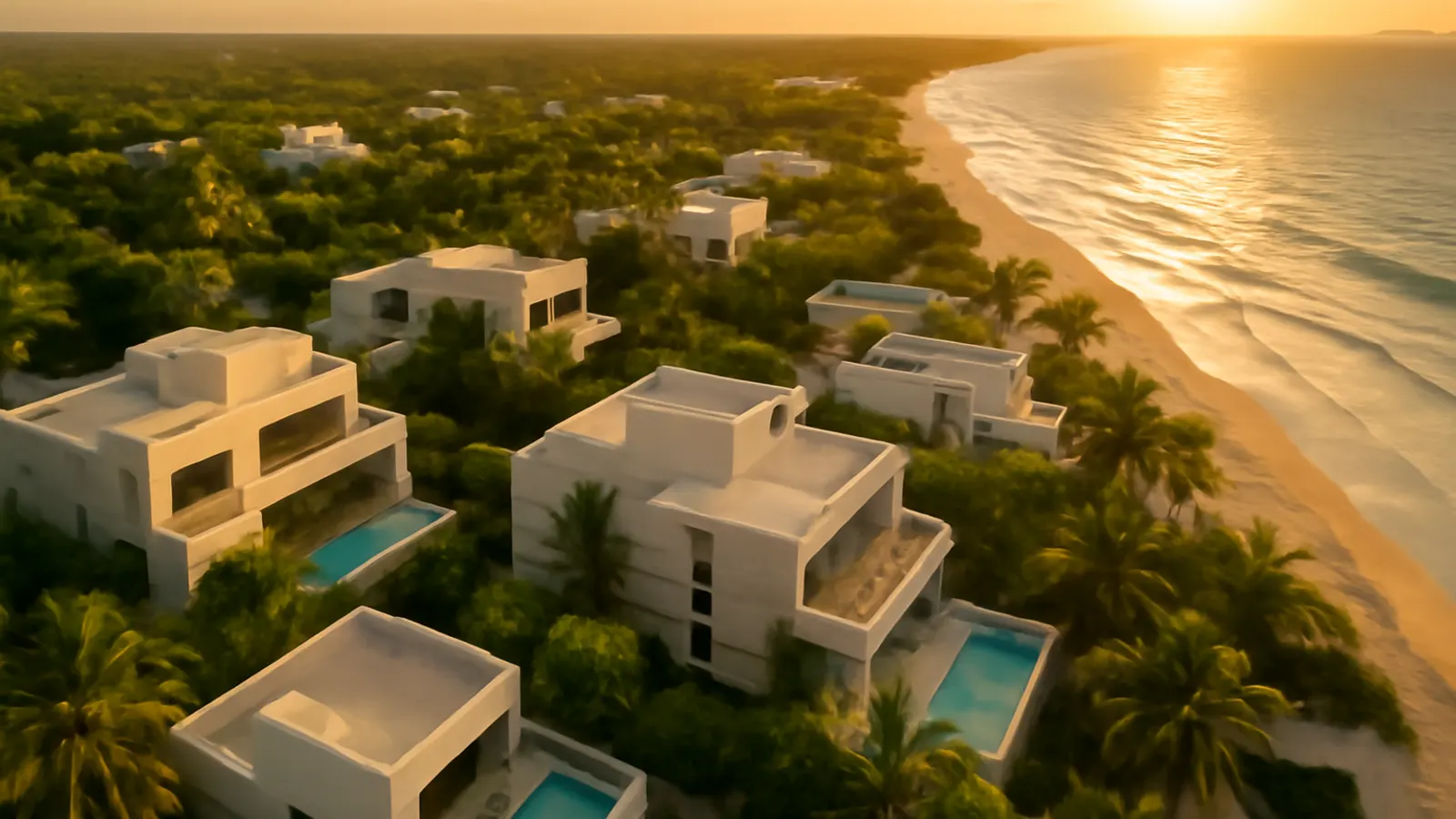 Aerial sunset view of a luxury residential area in the Caribbean featuring cream travertine and exposed concrete architecture, surrounded by native vegetation, real estate investment in Punta Cana