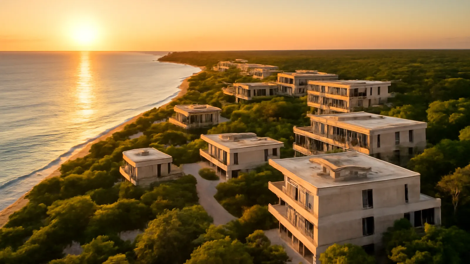 Aerial sunset view of a luxury real estate area in Uvero Alto with native vegetation and human-scale architecture