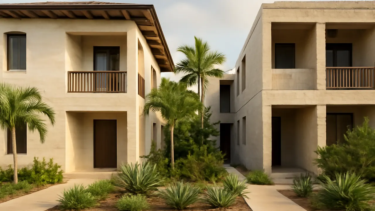 Architectural photograph of modern buildings in Punta Cana Village with cream travertine and exposed concrete facades, integrated with native vegetation