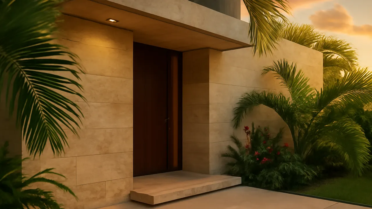 Luxury residential entrance in Punta Cana Village with travertine and exposed concrete walls, surrounded by tropical vegetation at sunset