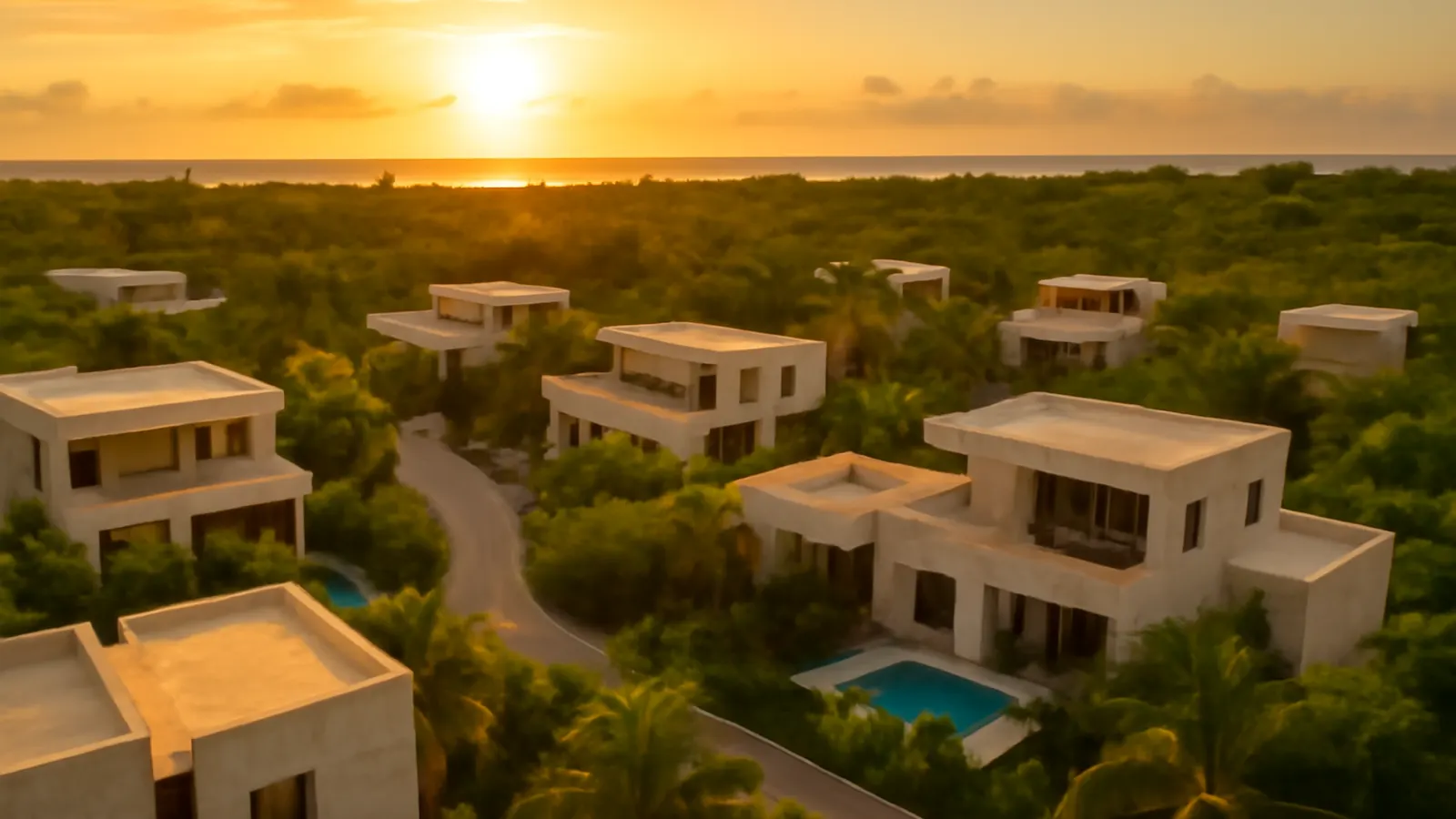 Aerial sunset view of a luxury residential community in Punta Cana Village featuring cream travertine and exposed concrete architecture, surrounded by native vegetation