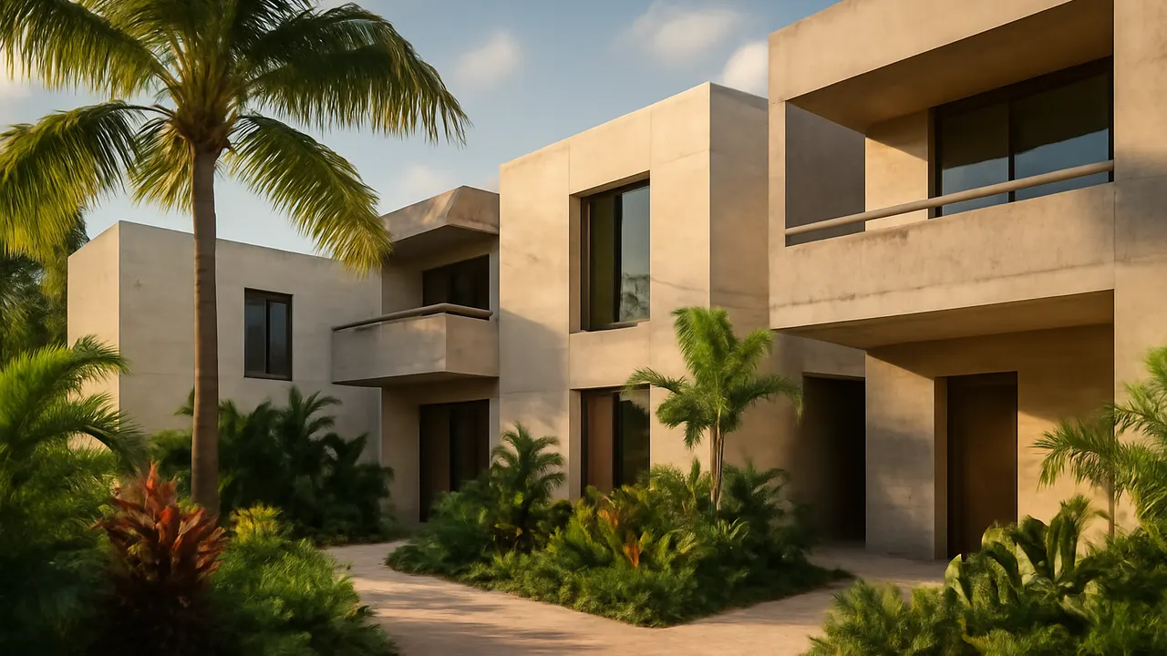 Architectural image of modern Caribbean residential complex with cream travertine walls and exposed concrete, surrounded by native vegetation in warm afternoon light