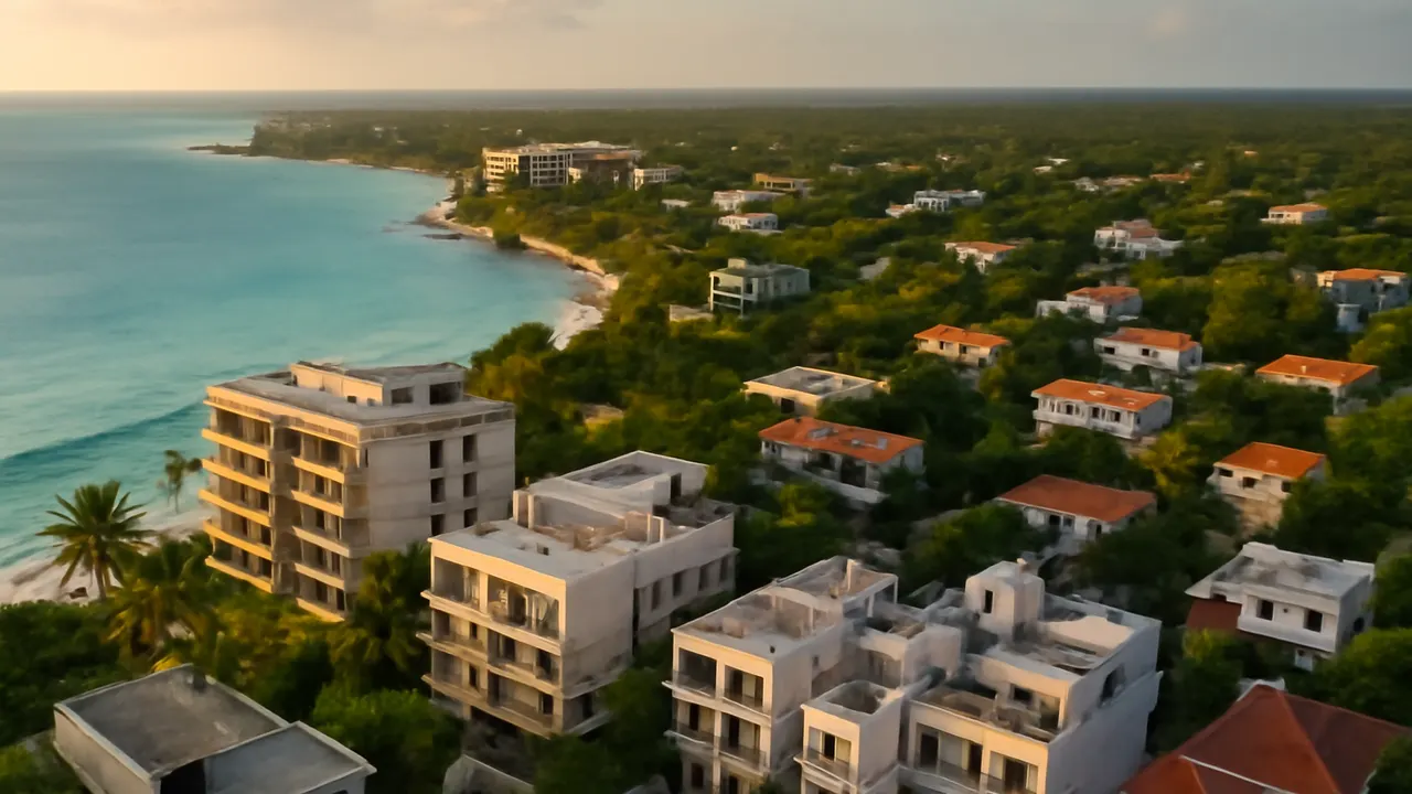Aerial view of Caribbean real estate destinations with natural vegetation and travertine and concrete elements, illuminated by soft sunset light highlighting varied styles and scales