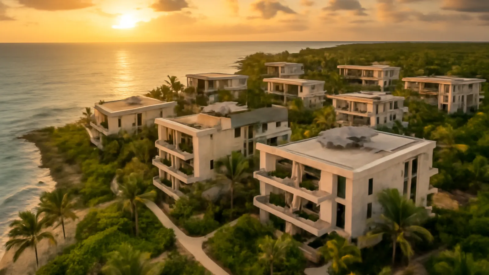 Aerial view of luxury Caribbean real estate development at sunset featuring cream travertine facades, exposed concrete, and native vegetation, highlighting human-scale architecture