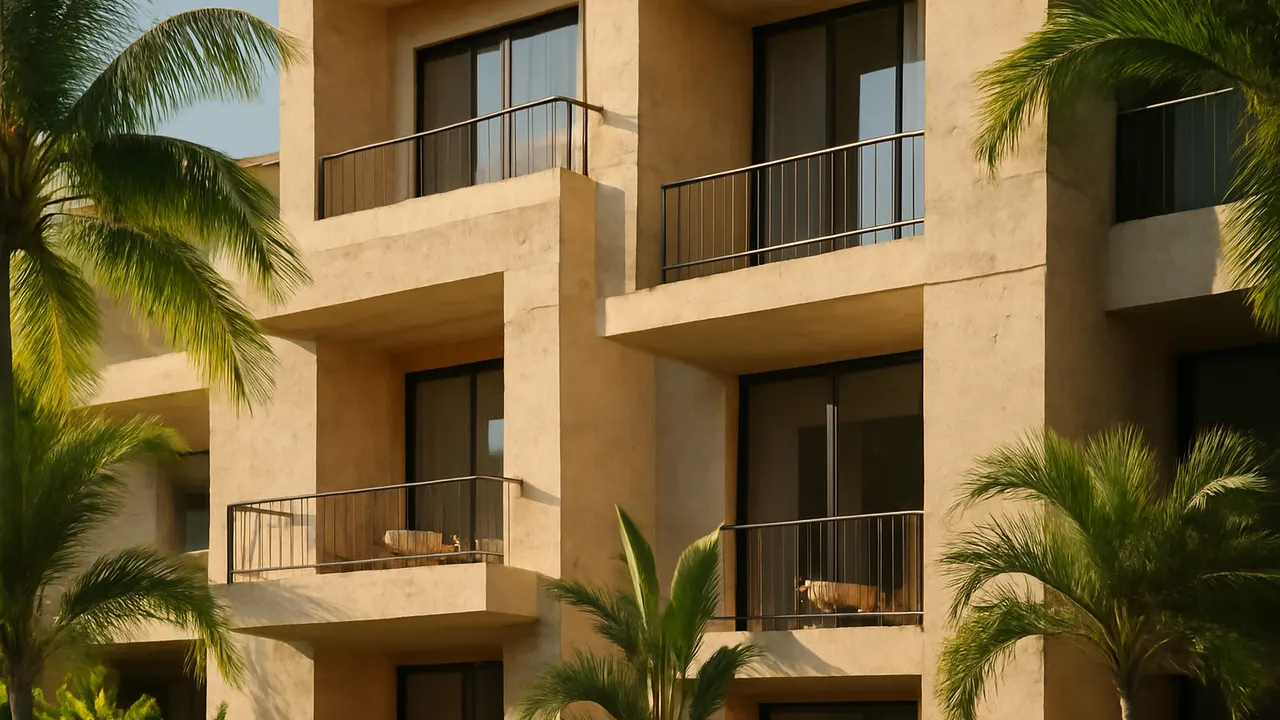 Architectural detail of residential facade in Punta Cana with cream travertine stone and exposed concrete, surrounded by native tropical vegetation, warm natural light