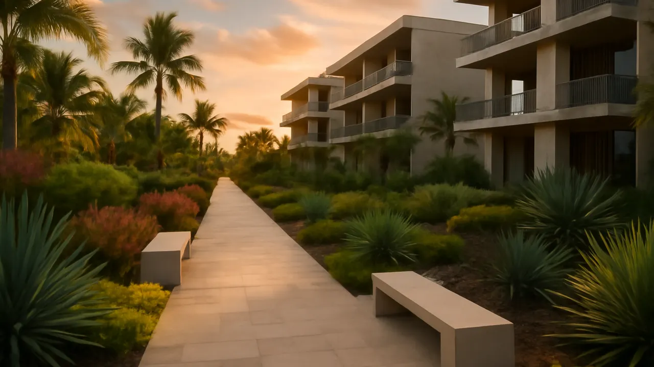 Garden path at sunset in Punta Cana with native vegetation and exposed concrete benches, surrounded by luxury residential buildings with natural materials