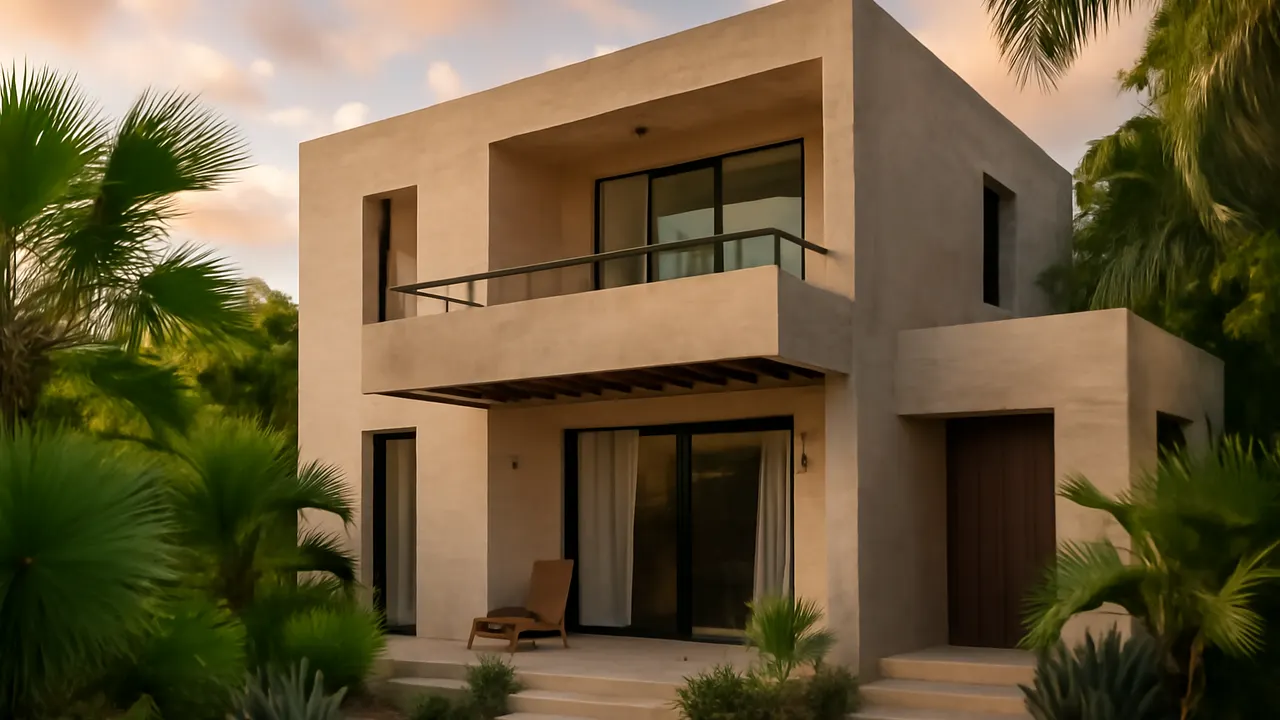 Fachada moderna de alquiler vacacional en Punta Cana con materiales en travertino crema y hormigón visto, integrada en entorno natural autóctono, representando la gestión del alquiler vacacional