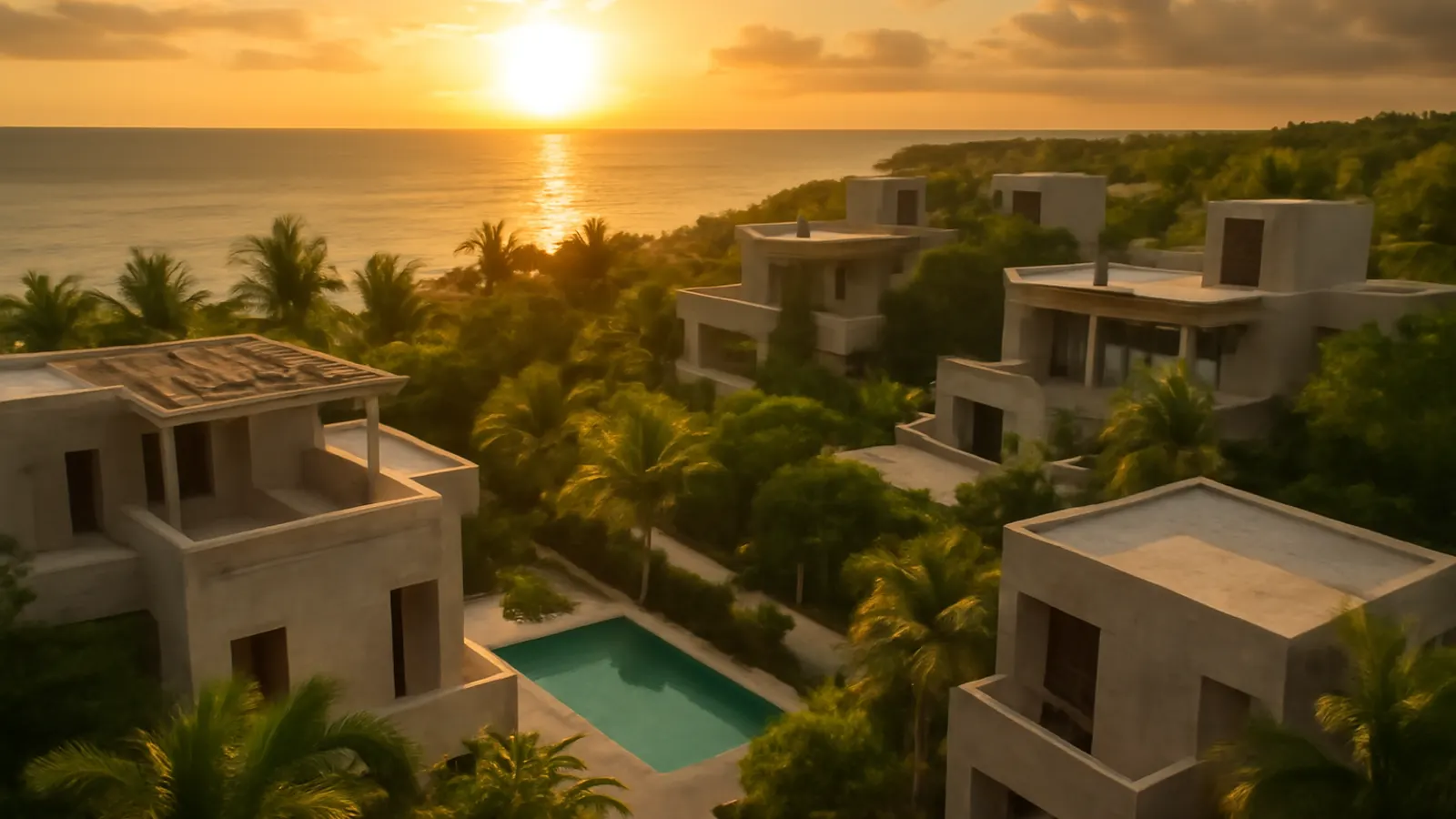 Aerial sunset view of a luxury resort in Punta Cana with cream travertine architecture and exposed concrete, surrounded by native vegetation, representing vacation rentals in Punta Cana
