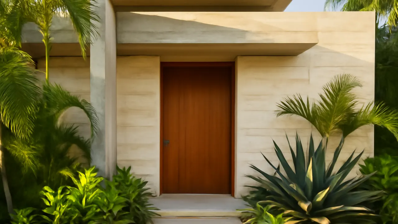 Entrance of modern residential building in Punta Cana with cream travertine stone and exposed concrete details, native vegetation and soft natural light