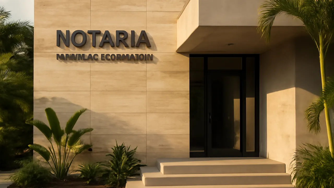 Modern exterior facade of a notary office in the Dominican Republic with travertine stone and concrete, tropical plants, and warm afternoon light