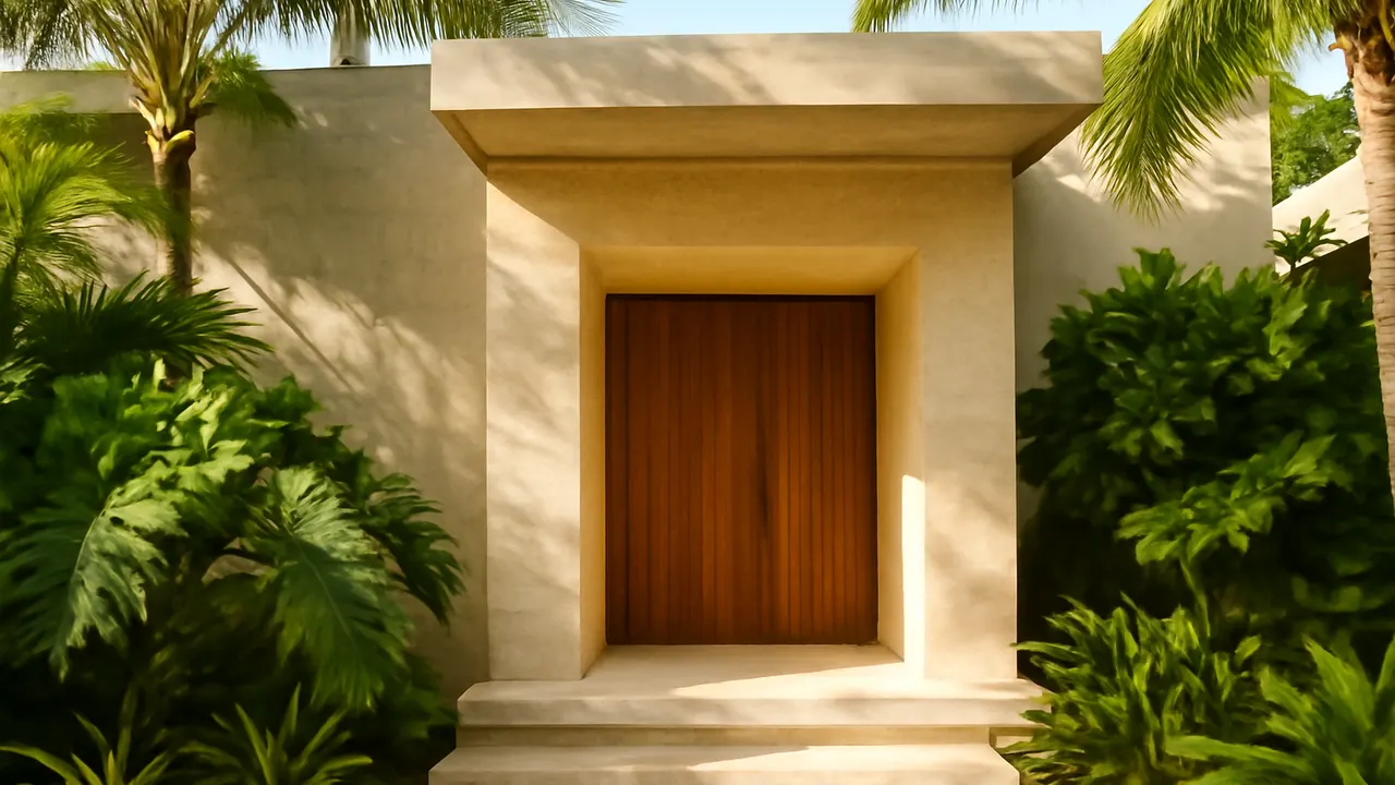 Entrada de villa moderna en Punta Cana con piedra travertino crema, hormigón visto y vegetación tropical