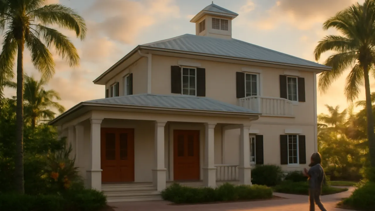 Edificio de oficina de registro de propiedad en entorno tropical con arquitectura caribeña y luz natural al atardecer