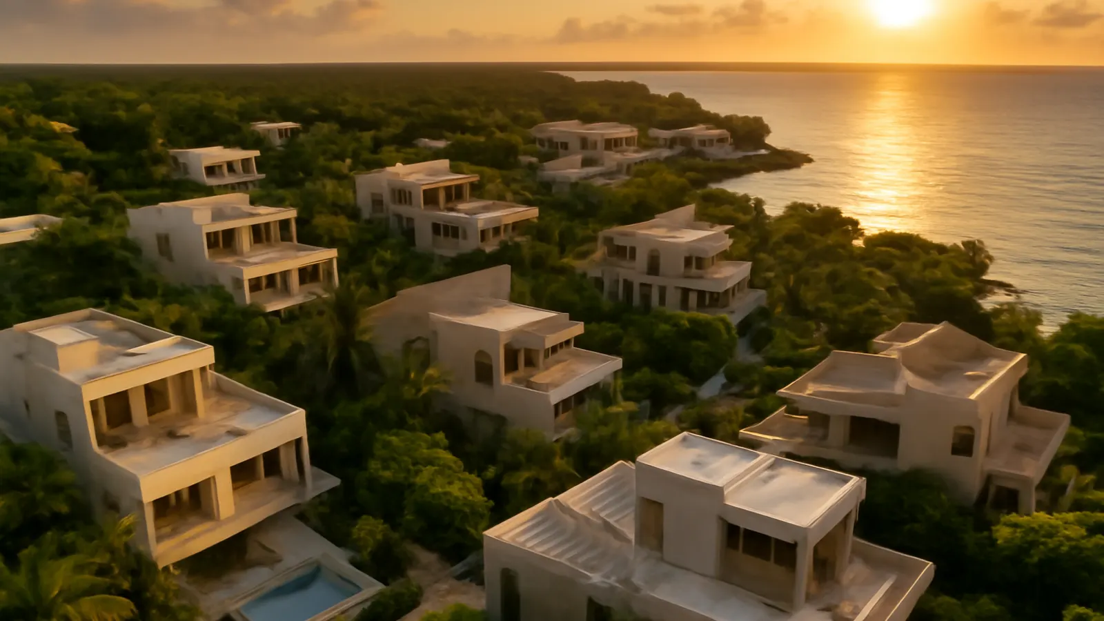 Aerial view of a luxury residential area in Punta Cana with Caribbean architecture in cream travertine and exposed concrete, native vegetation, and sunset light