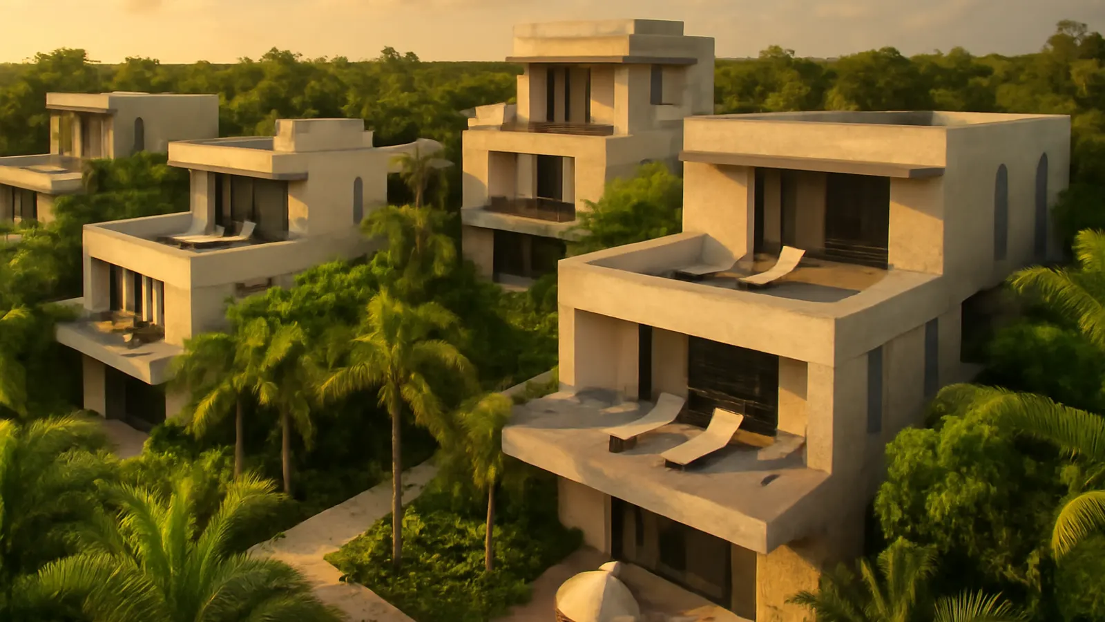 Photorealistic aerial view of Caribbean luxury residential architecture in Punta Cana at sunset, with cream travertine facades and exposed concrete, native tropical vegetation, and warm light