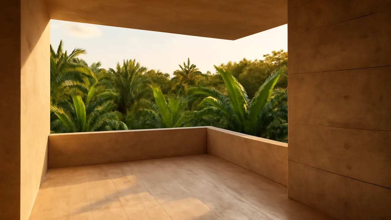 Sunlit terrace in Punta Cana with travertine flooring and exposed concrete walls, surrounded by native vegetation, representing Caribbean climate and lifestyle