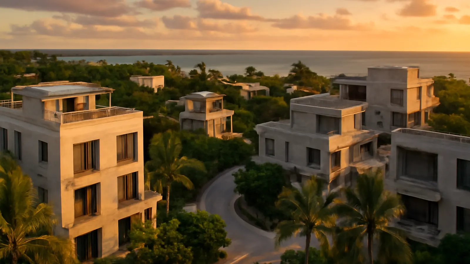 Aerial sunset view of a luxury Caribbean community in Punta Cana featuring cream travertine and exposed concrete architecture, native vegetation, and human scale