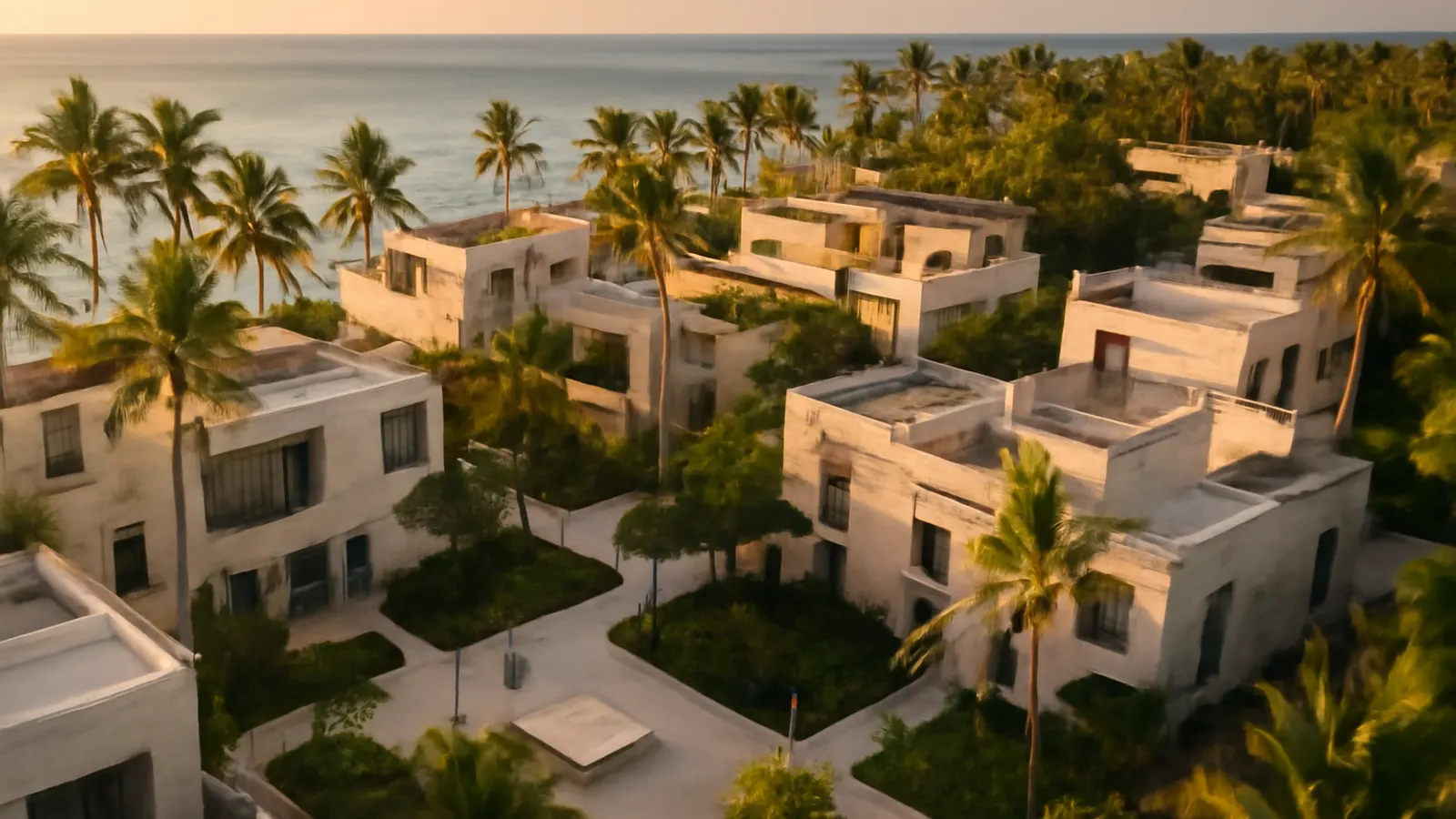 Aerial sunset view of a luxury residential area in Punta Cana with Caribbean architecture in cream travertine and exposed concrete, native vegetation, and human scale