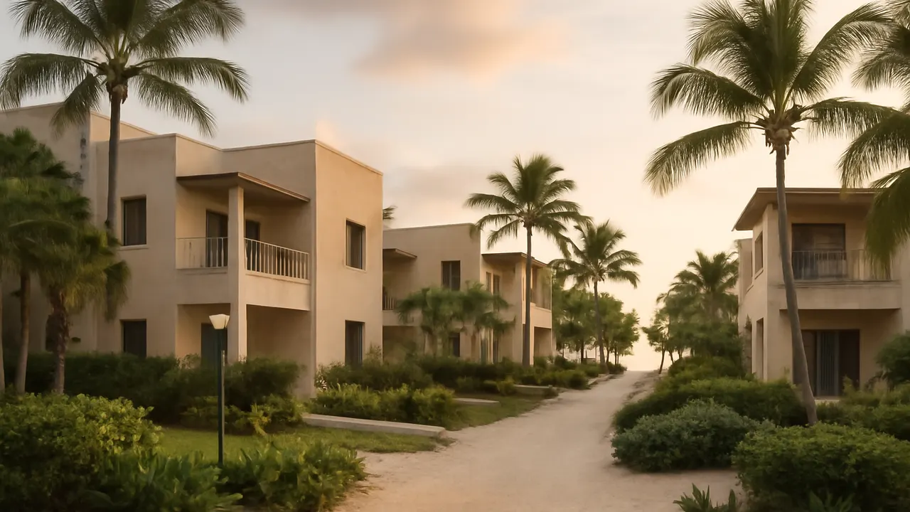 Residential neighborhood in Punta Cana with luxury architecture, native vegetation, and soft sunset light, representing quality of life for expats